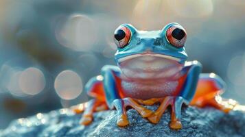 ai generiert Gelb Frosch Sitzung auf oben von Gelb Mauer foto