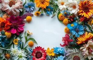 ai generiert sortiert farbig Blumen auf Weiß Oberfläche foto