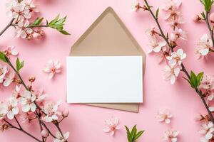 ai generiert Kirsche Baum Blüte, Geäst mit Weiß Frühling Blumen und Briefumschlag Über Rosa Hintergrund foto