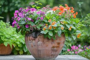 ai generiert schön bunt eingetopft Pflanzen und Blumen im ein groß Steingut Blume Topf zum Balkon, Terrasse oder Terrasse. foto