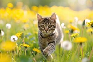 ai generiert Katze Laufen durch Feld von Löwenzahn. foto