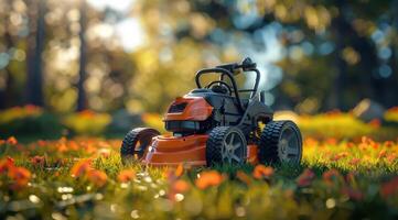 ai generiert Spielzeug Auto geparkt im Feld von Blumen foto