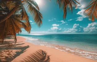 ai generiert Strand mit Palme Bäume und Ozean foto