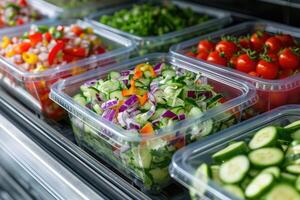 ai generiert Plastik Kisten mit vorverpackt Gemüse Salate, stellen oben zum Verkauf im ein kommerziell Kühlschrank foto