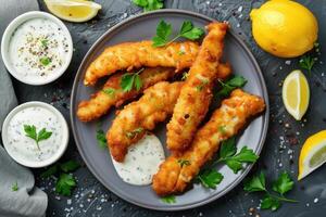 ai generiert knusprig Fisch Streifen mit Zahnstein Soße. foto