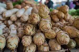 ai generiert Stapel von Artischocken auf ein Markt Stall. foto