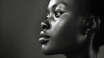 ai generiert Porträt von ein Frauen Gesicht im schwarz und Weiß foto