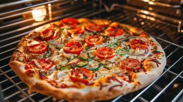 ai generiert lecker hausgemacht Pizza Kochen im ein Ofen beim heim. foto