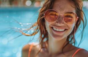 ai generiert Frau im Bikini und Sonnenbrille lächelnd foto