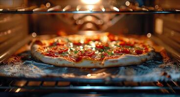 ai generiert Pizza auf Metall Gestell im Ofen foto