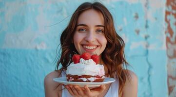 ai generiert Frau halten Kuchen mit Erdbeeren foto