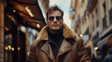 ai generiert Mann im Mantel und Sonnenbrille Stehen im Vorderseite von Gebäude foto