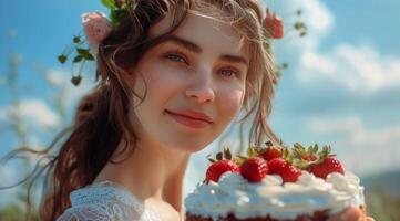 ai generiert Frau halten Kuchen mit Erdbeeren foto