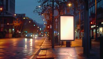 ai generiert leeren Plakatwand auf Stadt Straße beim Nacht foto