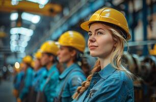 ai generiert Frau im schwer Hut Stehen im Fabrik foto