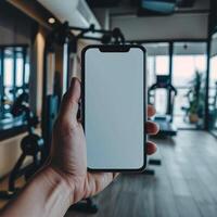 ai generiert Person halten Zelle Telefon im Fitnessstudio foto