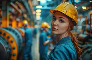 ai generiert Frau im schwer Hut Stehen im Fabrik foto