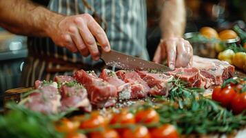 ai generiert Person Schneiden oben Fleisch auf ein Schneiden Tafel foto