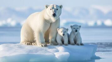 ai generiert ein Gruppe von Polar- Bären auf ein Weiß Hintergrund mit Blau Himmel foto