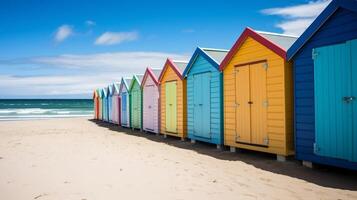 ai generiert Vektor Kunst von Strand Hütten im Regenbogen Farben foto