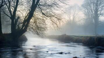 ai generiert ein neblig Fluss auf ein nebelig Morgen ein Selten und tolle Sicht zu Zeuge foto