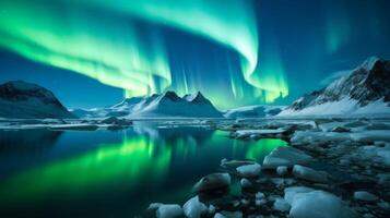 ai generiert schön Gletscher See mit Nord Beleuchtung und sternenklar Himmel foto