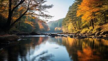ai generiert Herbst Laub und heiter Fluss im Natur foto