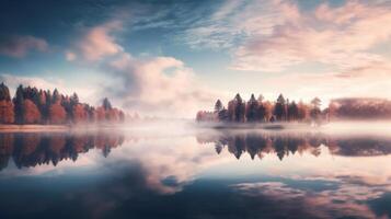 ai generiert See Landschaft mit Sonnenlicht und Schatten im Hintergrund Bild foto