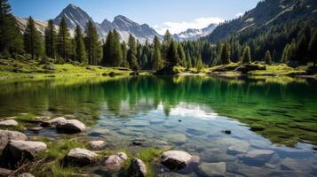 ai generiert Reflexionen von Blau Himmel und Weiß Wolken auf ein Ruhe alpin See foto