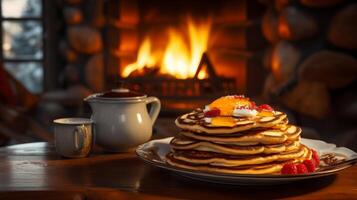 ai generiert gemütlich Kabine Frühstück mit Pfannkuchen foto