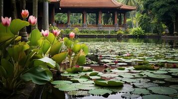 ai generiert ein Ruhe Lotus Teich mit bunt Blumen und Grün Laub auf das Wasser Oberfläche foto