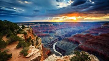 ai generiert majestätisch Schlucht Aussicht unter dramatisch Himmel foto