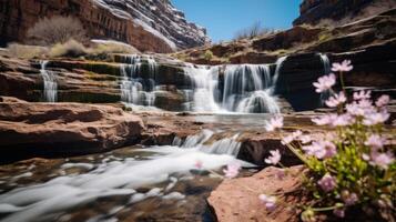 ai generiert atemberaubend und erfrischend Schlucht Landschaft mit Frühling Wasserfall foto