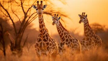 ai generiert schließen oben von Giraffe Gruppe mit golden Savanne Hintergrund foto