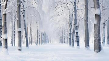 ai generiert ein Wald von Schnee beladen Geäst bietet an ein heiter Aussicht im Winter foto