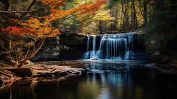 ai generiert still Wasserfall mit beschwingt fallen Laub im szenisch Aussicht foto