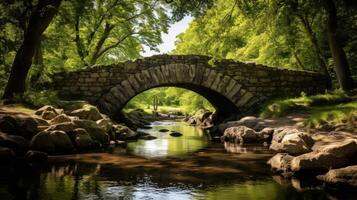 ai generiert szenisch Stein Brücke überspannend still Strom foto