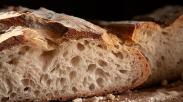 ai generiert ein knusprig und golden handwerklich Brot im ein schließen oben Schuss foto