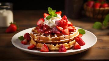 ai generiert klassisch Belgier Waffeln mit ein Seite von saftig Erdbeeren foto