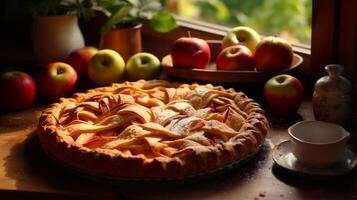 ai generiert genießen ein rustikal Apfel Kuchen das Ideal Morgen Genuss foto