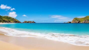 ai generiert sandig Strand mit Blau Himmel und makellos Meer im Natur foto