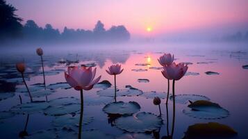 ai generiert schön Landschaft von ein Teich mit Lotus Pflanzen im das Morgen Licht foto