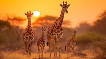 ai generiert Giraffe Familie beim Sonnenuntergang im natürlich Lebensraum foto