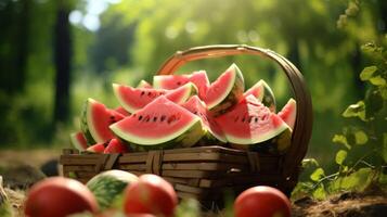 ai generiert sommerlich Szene mit ein Korb von reif Wassermelone Brocken foto