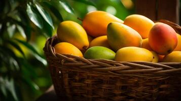 ai generiert gewebte Korb gefüllt mit saftig, aromatisch Mangos foto