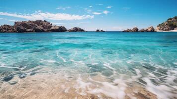 ai generiert Kristall klar Wasser und Weiß Sand beim makellos Strand foto