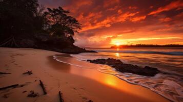 ai generiert abgelegen Strand mit Sonnenaufgang und feurig Himmel im das Hintergrund foto