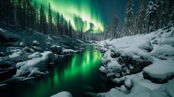 ai generiert Fluss im das wild unter das Nord Beleuchtung und Sterne foto