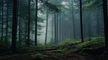 ai generiert ein Herrlich Bild von ein Wald im das Morgen Nebel mit Sonnenlicht Streaming durch das Bäume foto