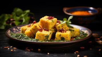 ai generiert Teller mit würzig Dhokla gepaart mit aromatisch Chutney foto